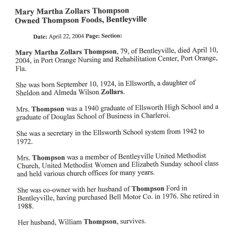 Mary Martha Zollars Thompson obit